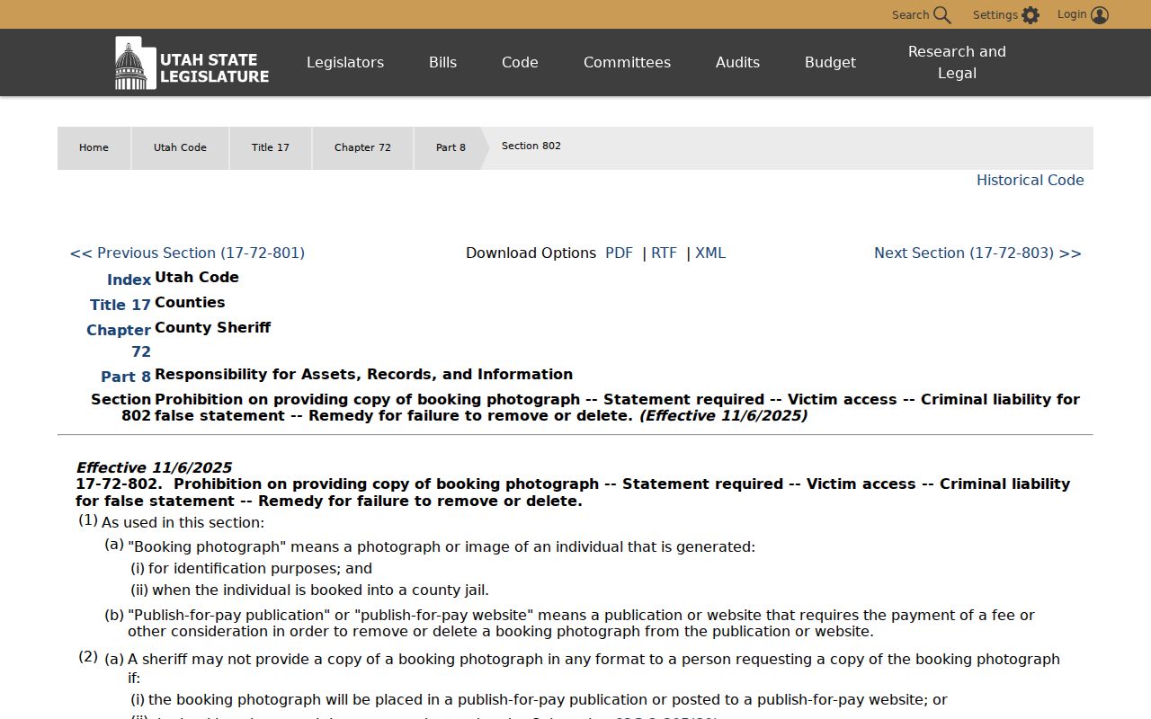Utah arrest record booking image protection law