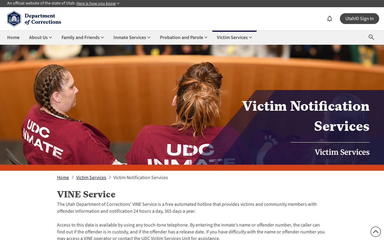 Utah arrest and custody VINE notifications