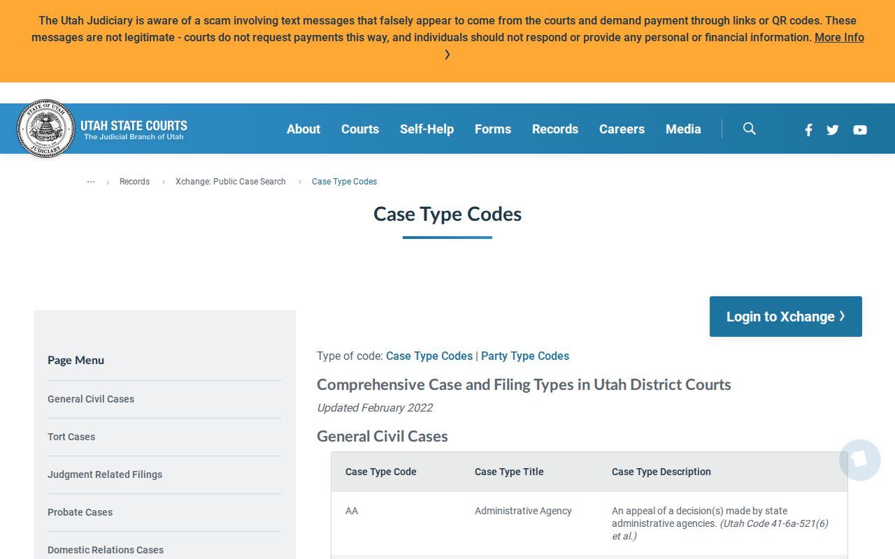 Utah criminal court case type and party codes