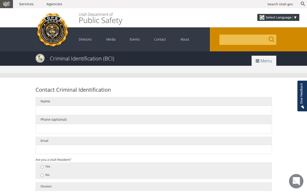 Utah BCI criminal records contact routing form