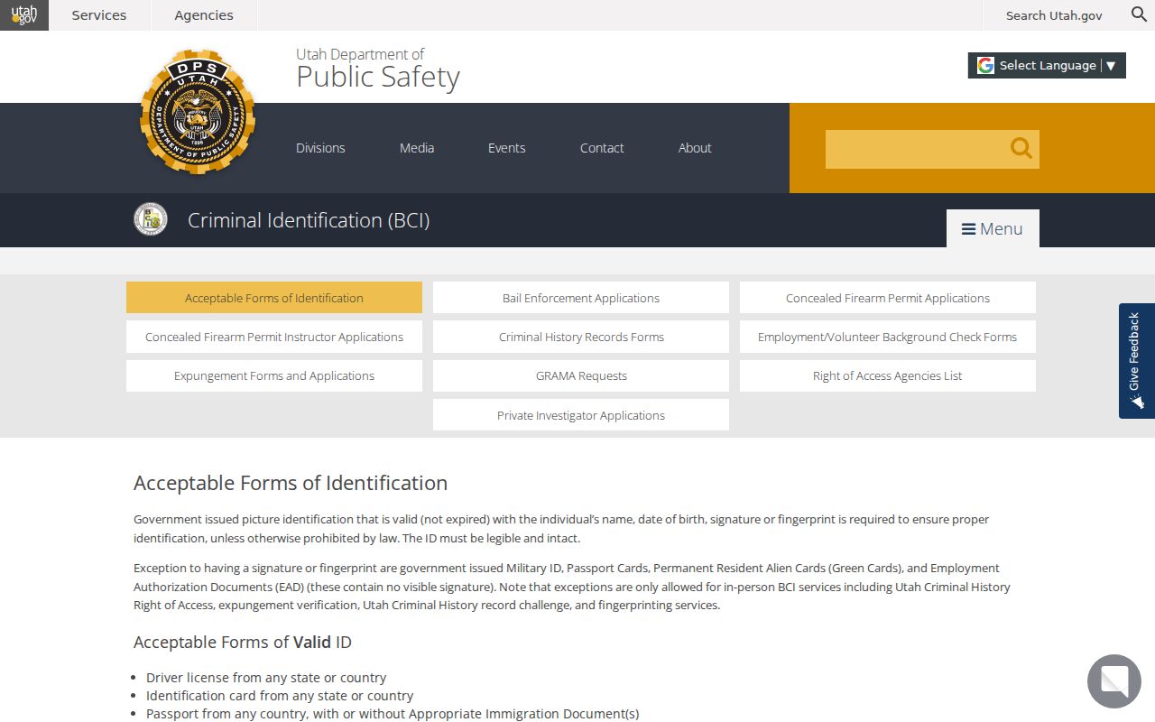 Utah BCI criminal history acceptable identification