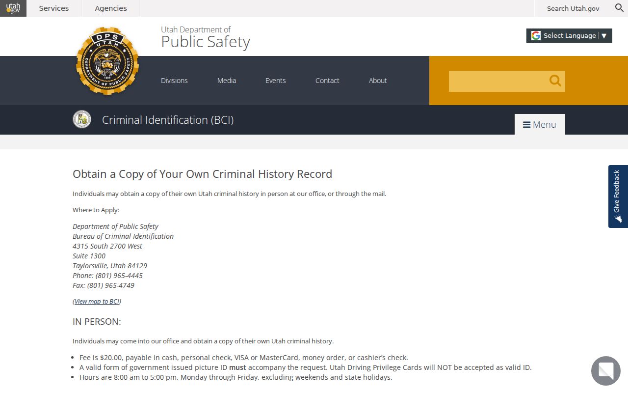 Utah BCI personal criminal record order instructions