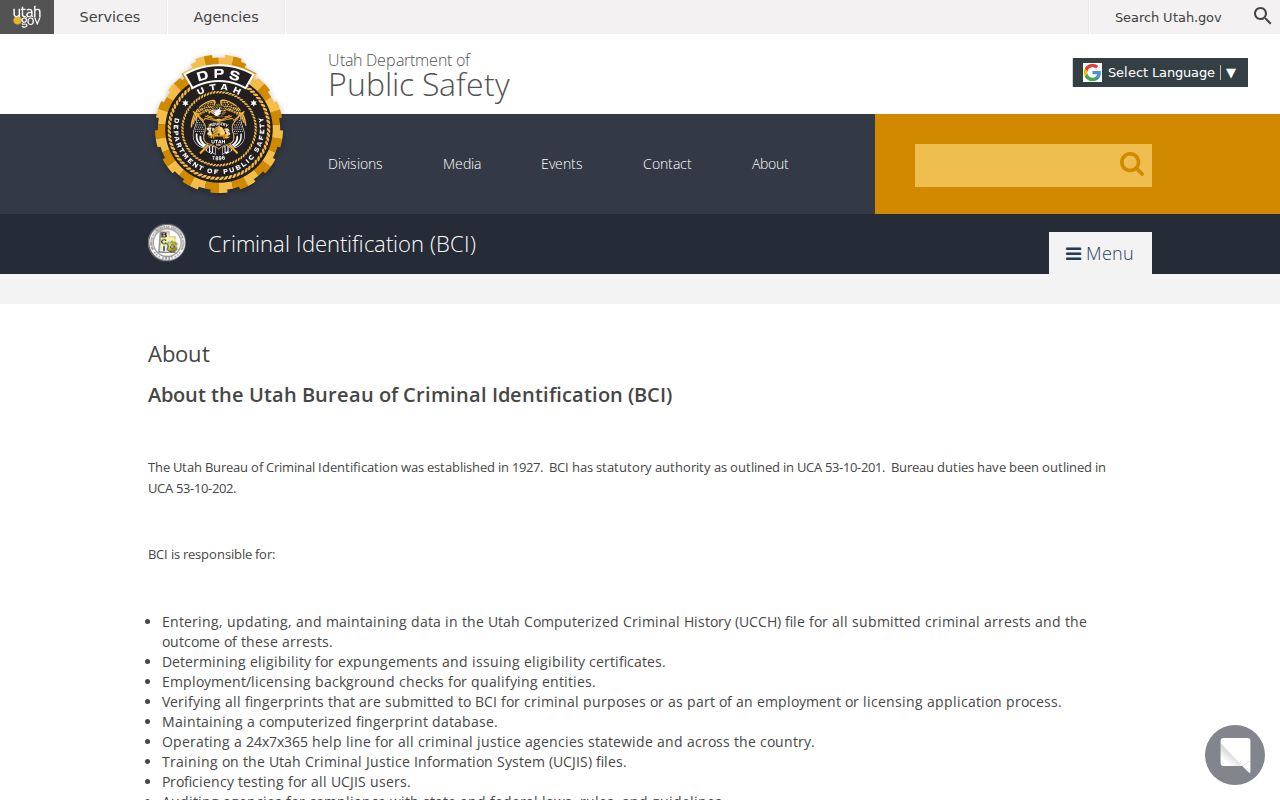 Utah BCI criminal history and UCCH responsibilities