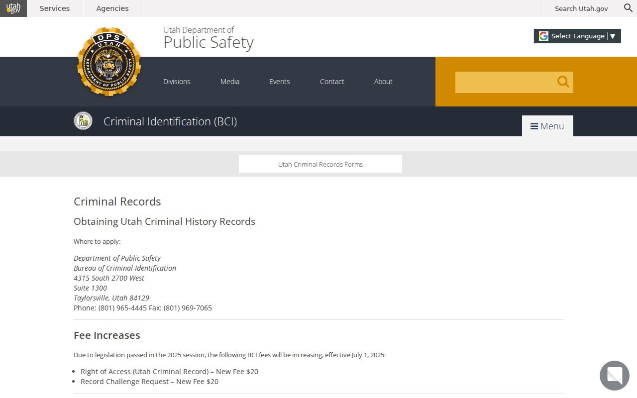 Utah BCI criminal history record services
