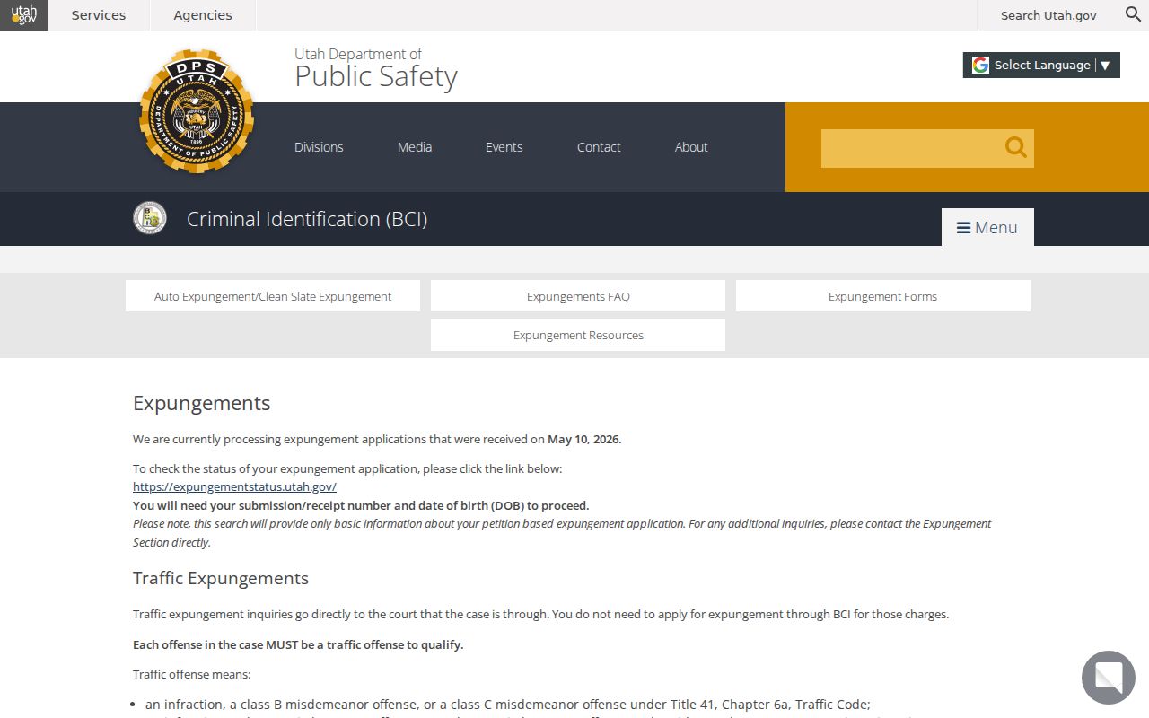 Utah criminal record expungement status and instructions