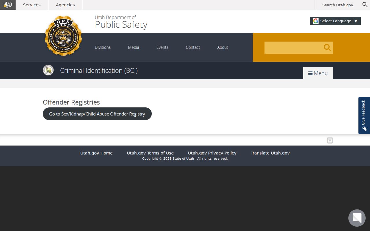 Utah sex offender registry landing page at BCI